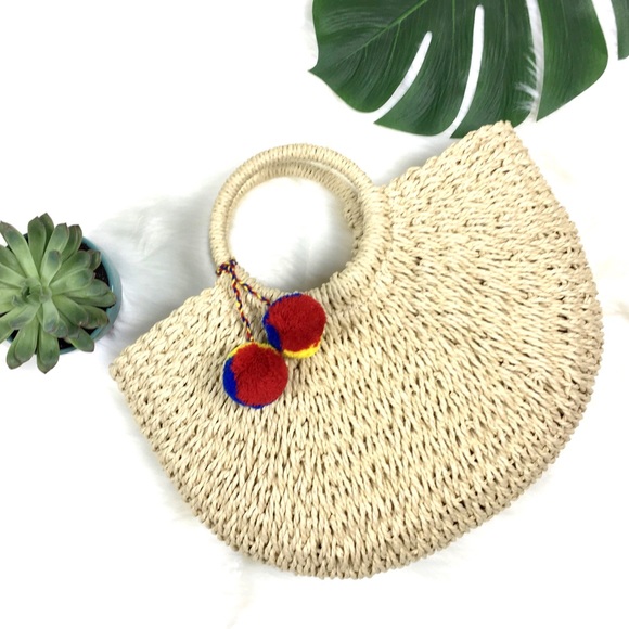 Straw Moon Shaped Pom Pom Beach Handbag Natural - Picture 6 of 6